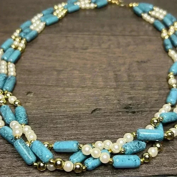 Three Strand Turquoise and Faux Pearl Gold Tone Beads Beaded Necklace - Picture 3 of 3